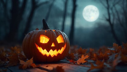 A Spooktacular Carved Jack-O'-Lantern Illuminating a Dark Forest Under a Full Moon for Halloween Decorations