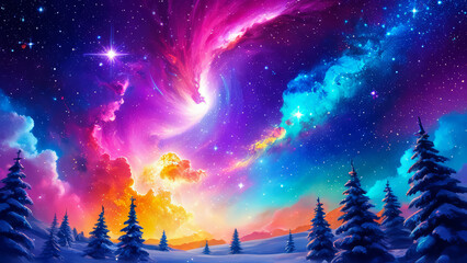 Fototapeta premium Fantasy colorful Christmas night landscape, beautiful glowing sky,, dark blue and purple, galaxy cosmos with starry nebula. Winter snow landscape illustration,.