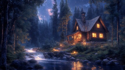 A cozy log cabin with lit windows sits beside a flowing stream in a moonlit forest.