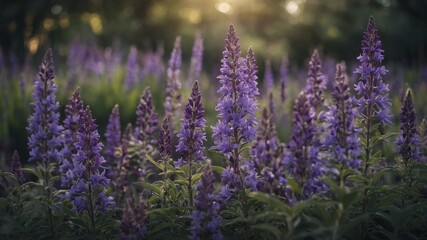 Obraz premium Purple lavender flowers in field, with blurred green background