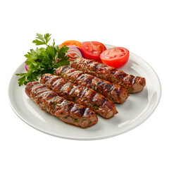 Delicious grilled meat kebabs served with fresh vegetables on a white plate, perfect for food presentations and menu designs