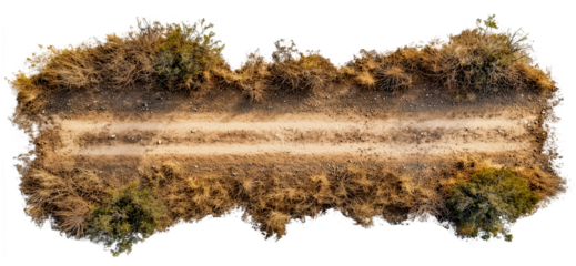 Dirt road path with transparent background cut out design element, top view