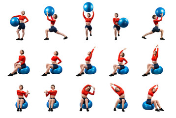 Healthy and active young woman in sportswear with different professional fitness posture set of weight and body training. Ball exercise on isolated background in gaiety full body length shot.