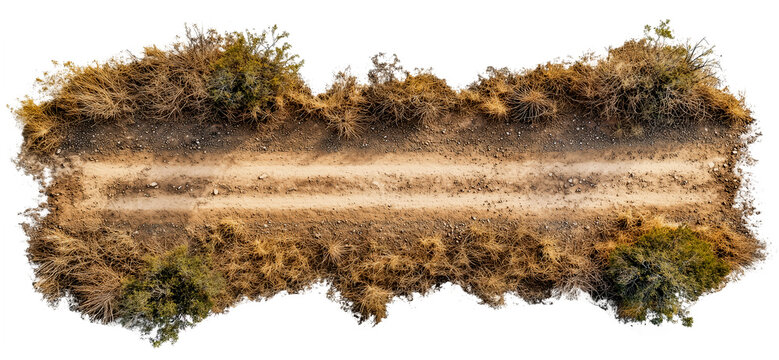 Dirt road path with transparent background cut out design element, top view