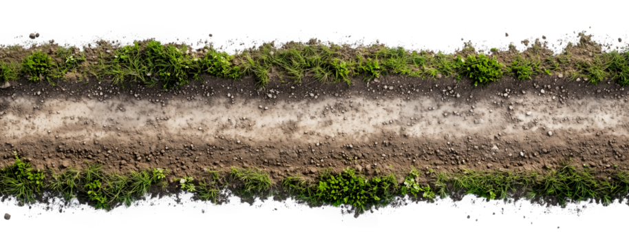 Dirt road path with transparent background cut out design element, top view