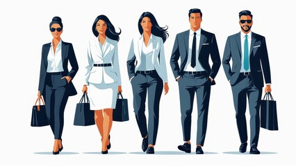 Obraz premium A group of five professionals walking confidently in business attire, carrying bags.