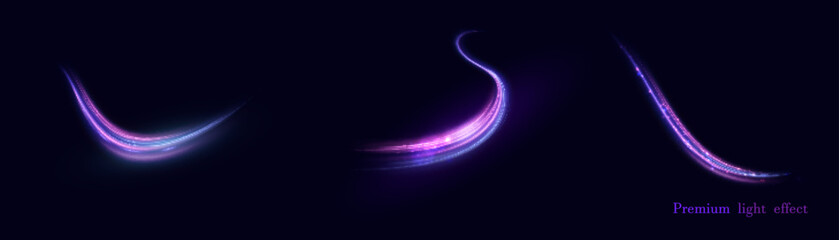Light effect of high speed movement of light speed along a curved trajectory of bright blue-violet flickers. Dynamic movement of high speed light energy. Vector	
