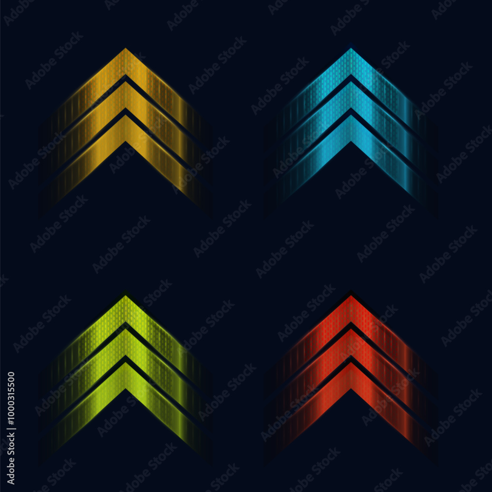 Poster set of abstract high speed bright colorful glowing arrows, modern arrow light speed effect on black 