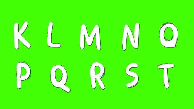 Set of animated characters of Latin English letters, alphabet in stopmotion animation style drawn by hand on green screen on chroma key background