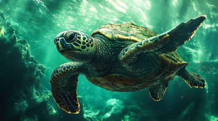 Fototapeta premium A gracefully swimming sea turtle gliding through crystal-clear waters surrounded by vibrant seaweed in an underwater wonderland