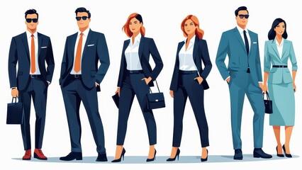 Obraz premium A group of six business professionals in formal attire, showcasing a corporate environment.