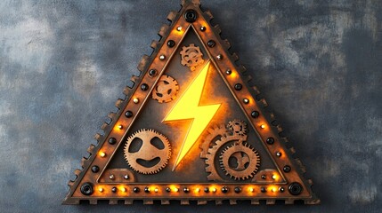 A steampunk style triangular warning sign with a lightning bolt and gears illuminated by warm lights. Generative Ai