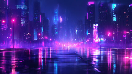 Obraz premium Cyberpunk streets illustration, futuristic city, dystoptic artwork at night, wallpaper. rain foggy, moody empty future. Digital Rain. Illustration