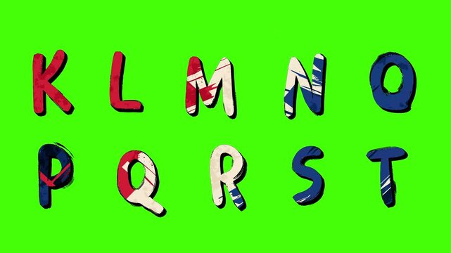 Set of animated characters of Latin English letters, alphabet in stopmotion animation style drawn by hand on green screen on chroma key background