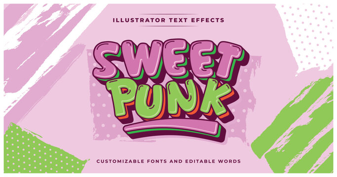 Sweet Punk: A punk-inspired text effect with a sweet twist, combining pink and green tones. Grunge texture adds an edgy feel. Perfect for bold, playful designs.
