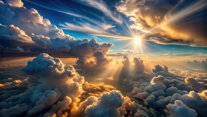 Fluffy Sun Lit Wispy Clouds in the Skyline: Majestic Cloud Formations and Scenic Sky Views for Atmospheric Visuals for Poster and Digital Design Projects