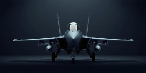Fototapeta premium Conceptual representation of the frontal view of a modern dark fighter jet standing on the ground ready for combat and parked
