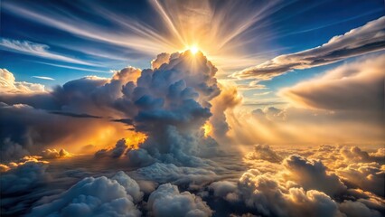 Fluffy Sun Lit Wispy Clouds in the Skyline: Majestic Cloud Formations and Scenic Sky Views for Atmospheric Visuals for Poster and Digital Design Projects