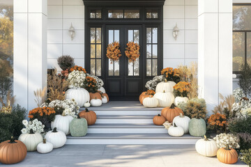 Beautiful fall autumn front door porch with pumpkins and chrysanthemum