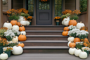 Beautiful fall autumn front door porch with pumpkins and chrysanthemum