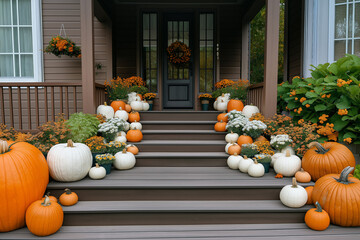 Beautiful fall autumn front door porch with pumpkins and chrysanthemum