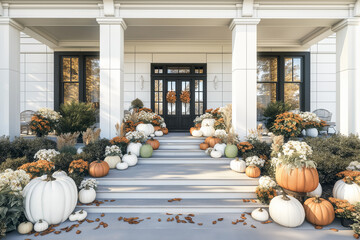 Beautiful fall autumn front door porch with pumpkins and chrysanthemum