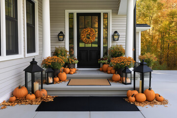 Beautiful fall autumn front door porch with pumpkins and chrysanthemum