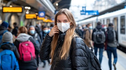 A woman adjusting her KN95 face mask while waiting at a busy train station, with commuters in the background all wearing different types of masks