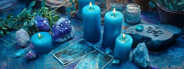 A photo of an assortment of blue candles, crystals, and tarot cards arranged on a table