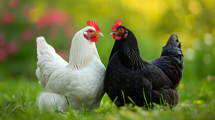 Fototapeta premium White and Black Chickens on Green Grass on a Sunny Summer Day