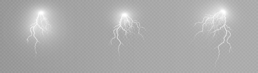 Bright lightning effect, lightning electric discharge, bright light effect. Lightning energy discharge effect isolated on transparent background for web design and illustrations.