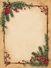Holly and fir, berries, vintage christmas background with copyspace