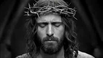 A man with long, wavy hair and a beard, wearing a crown made of thorns. His eyes are closed, and he appears to be in a state of deep contemplation or perhaps pain.