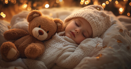 A sweet little child sleeping in bed with his plush bears in a Christmas hat.