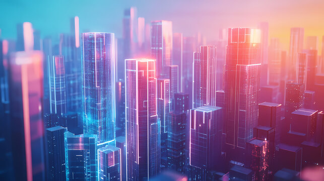 Concept of building a virtual city with holographic skycrapers. metaverse or augmented reality. 3d rendering. Holographic City. Illustration