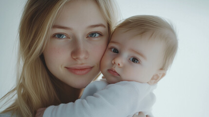 Close -up portrait of a beautiful young woman with blond hair holding a whole boy on a white background. This image causes the concept of mother's day. There is enough space for the text