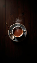A top  view of a  steaming cup of hot chocolate with a spoon on a saucer