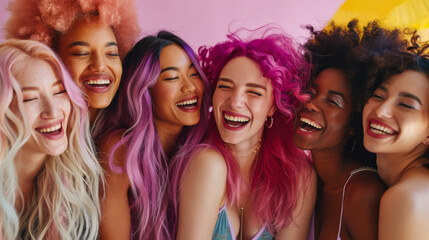 Fototapeta premium Four friends with colorful hairstyles enjoy a joyful moment against a vibrant mural in an urban setting during the afternoon