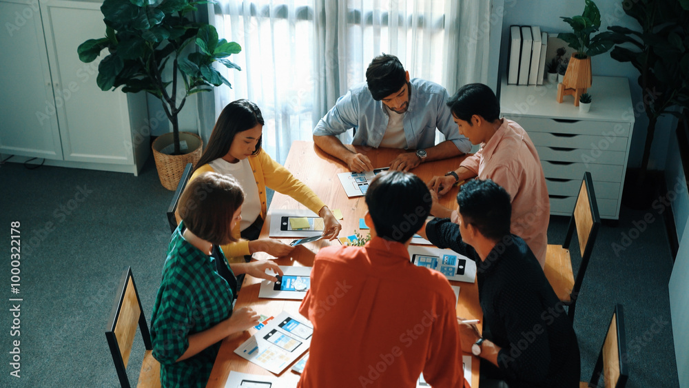Poster top view of developer team designing ux ui design for phone interface or planning for making digital