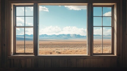 Fototapeta premium Rustic Window Frame With a View of a Desert Landscape and Mountain Range