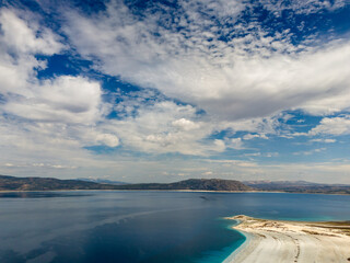 Beautiful Salda Lake with White Sandy Shores Seen from Above. Aerial Drone Photo