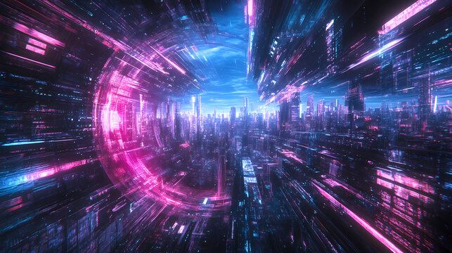 Futuristic head up display of holographic city digitally generated image virtual reality matrix particles in cyber space background environment. Holographic City. Illustration