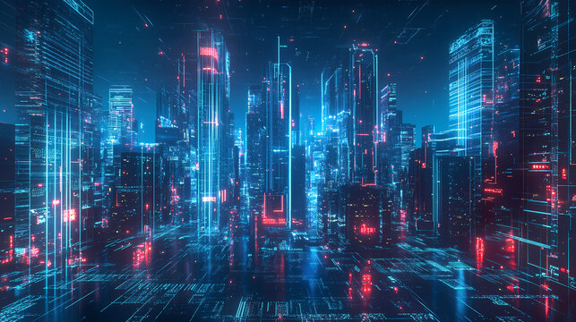 Futuristic head up display of holographic city digitally generated image virtual reality matrix particles in cyber space background environment. Holographic City. Illustration