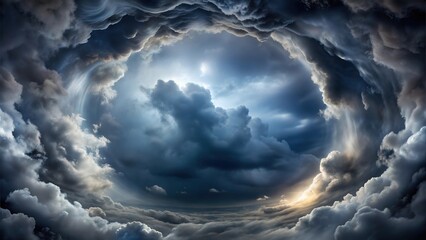 Naklejka premium Fluffy Tunnel Storm Clouds in the Skyline: Majestic Cloud Formations and Scenic Sky Views for Atmospheric Visuals for Poster and Digital Design Projects