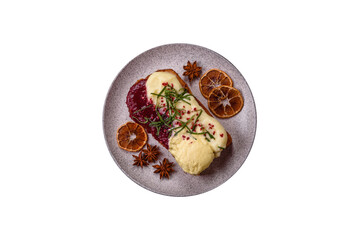 Delicious sweet brioche sandwich with raspberry jam and ricotta cream
