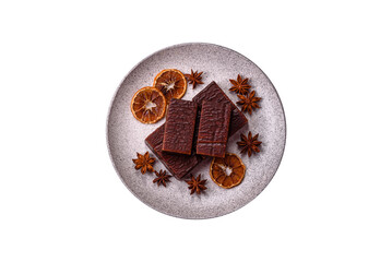 Rectangular chocolate candies with mousse and waffles