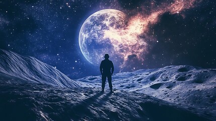 Obraz premium A lone figure stands on a desolate landscape, gazing at a giant moon in a starry night sky.
