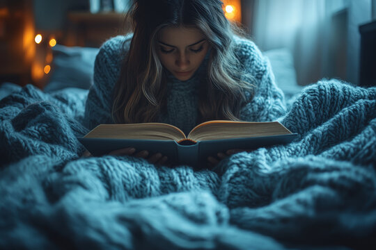 A person in bed reading a relaxing book before turning off the lights. Concept of unwinding before sleep. - Powered by Adobe