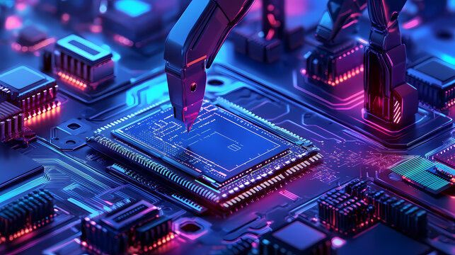 Electronic assembly microprocessor semiconductor industry factory with advanced iot automated autonomous robot arms technology on system. industrial revolution background. Android Revolt. Illustration