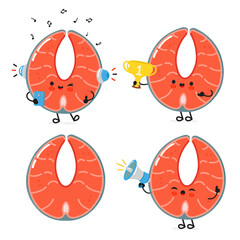 Funny Red fish salmon characters bundle set. Vector hand drawn doodle style cartoon character illustration icon design. Cute Red fish salmon mascot character collection